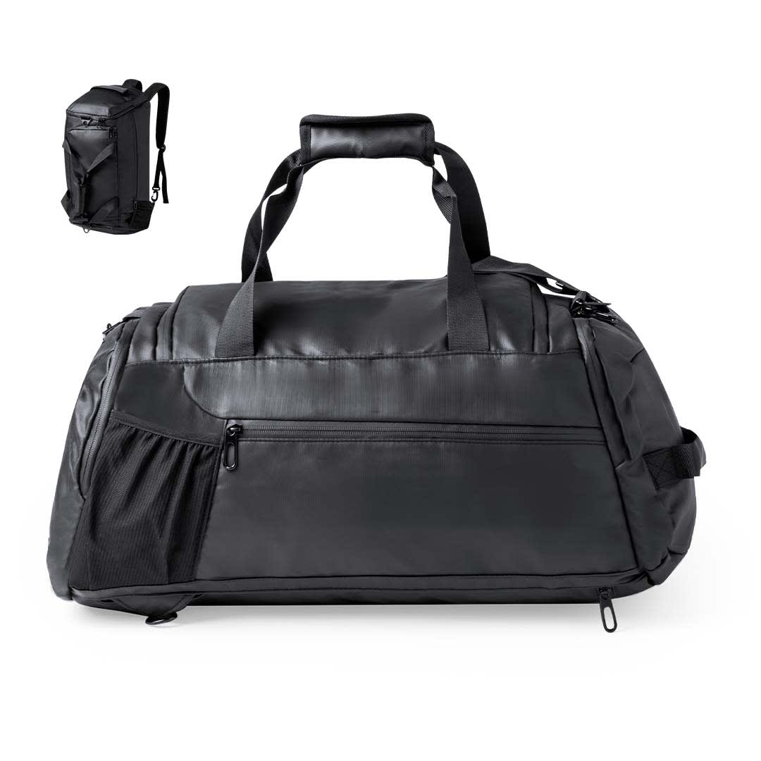 A black backpack with multiple compartments, featuring a handle and shoulder straps, alongside a smaller view of the same bag. Denehy Backpack Bag - Image 1