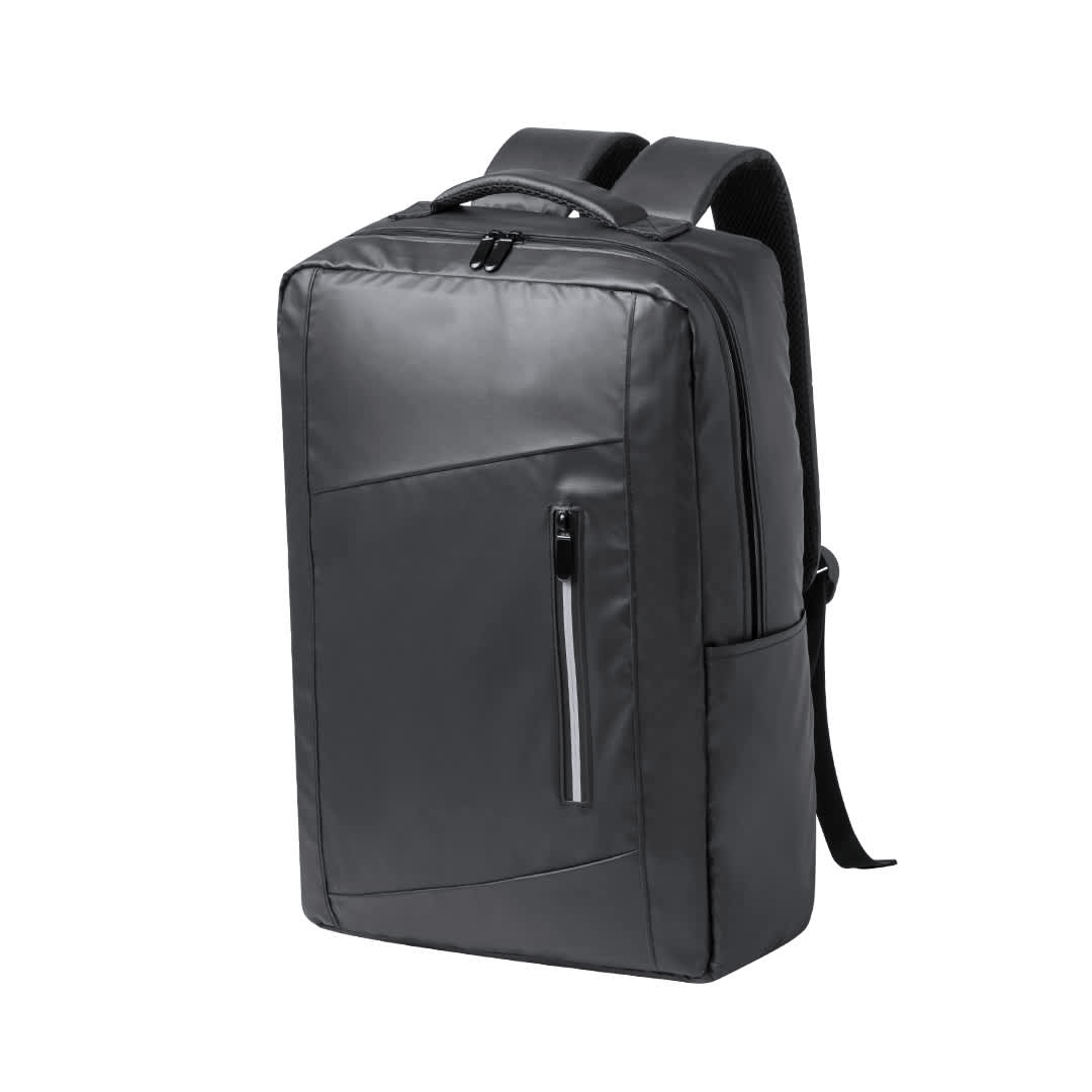 A sleek black backpack with a front zip pocket and padded shoulder straps, featuring a logo on the exterior. Nexera Backpack - Image 1