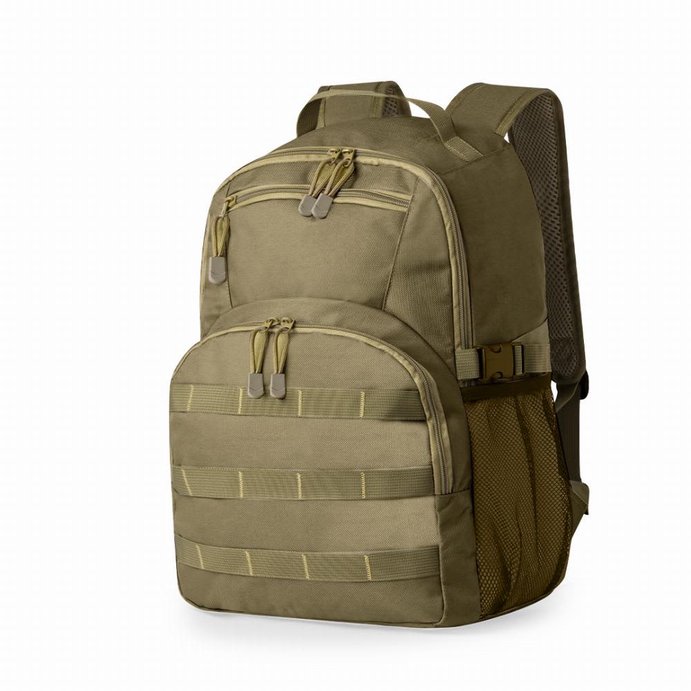 A backpack in a tan colour with multiple zippered compartments and mesh side pockets. It features a branded logo. Salced - Image 1