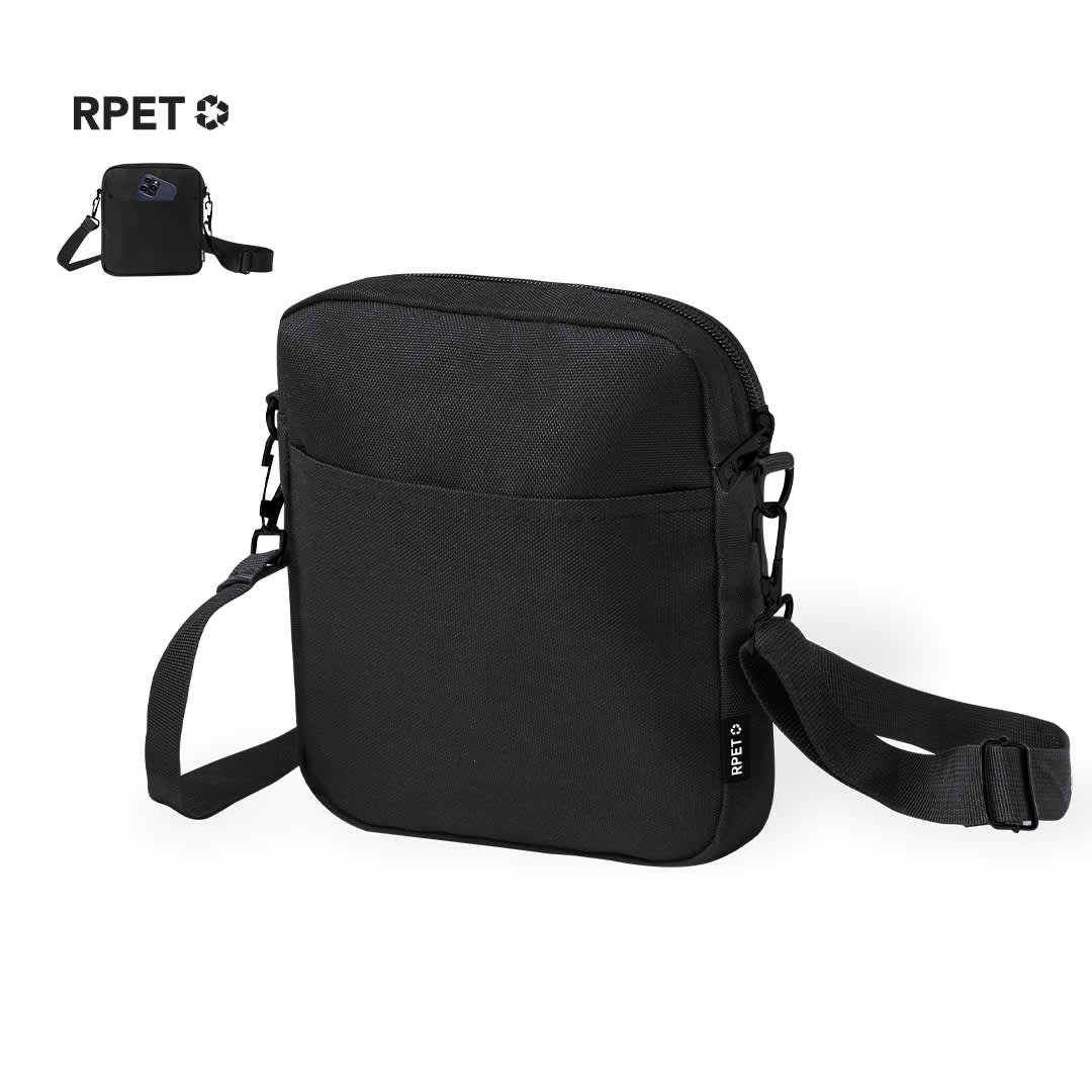 A black shoulder bag with a zip closure, adjustable strap, and front pocket. It features a logo on the side. Simun Shoulder Bag - Image 1
