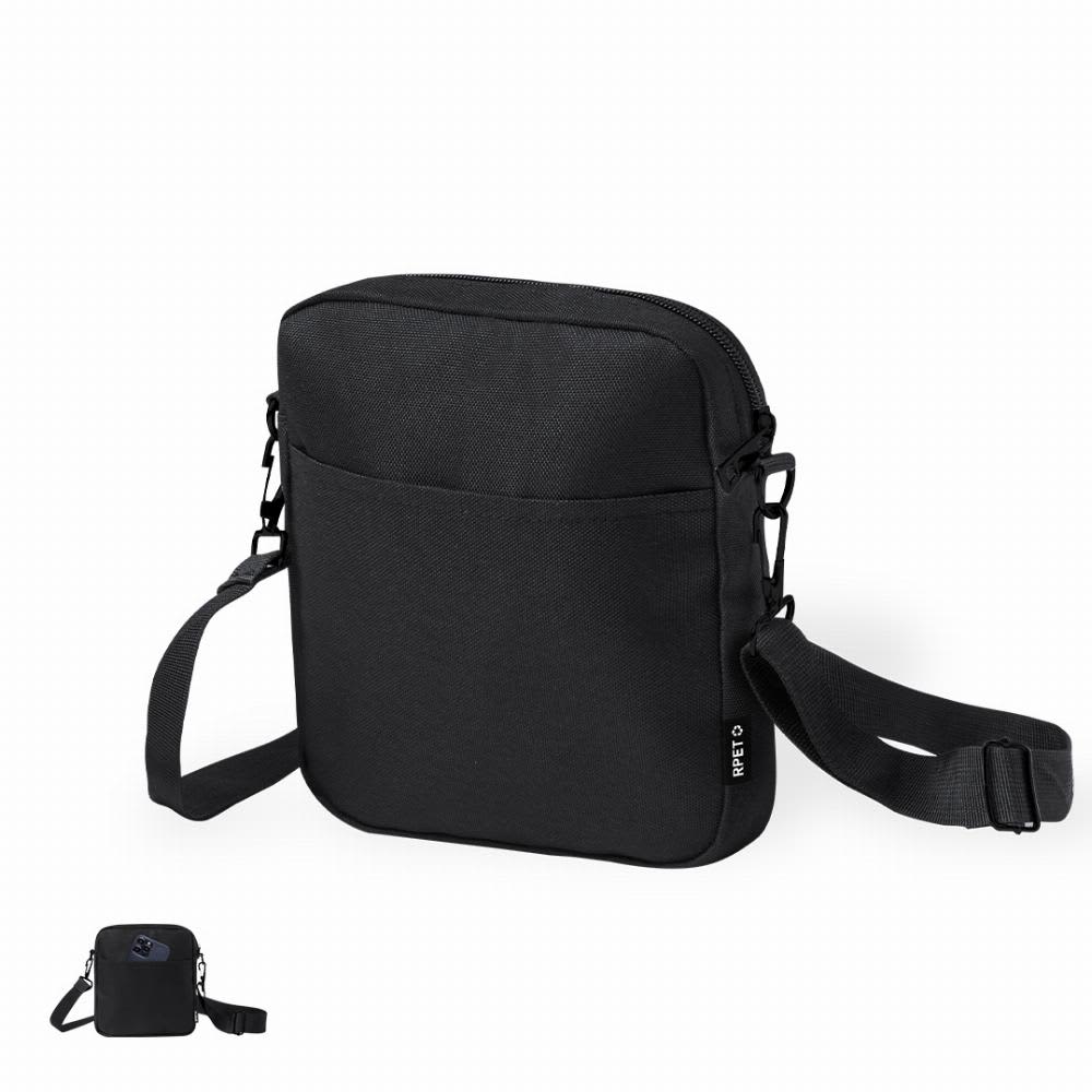 A black crossbody bag featuring a zip closure and adjustable strap, with a front pocket and branding. Simun - Image 1