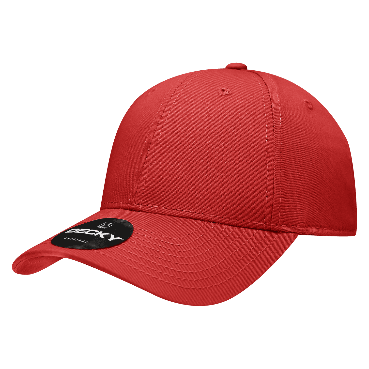 A red 6-panel low profile structured cap with a curved brim, featuring a logo on the front. 6 Panel Low Profile Structured Cap - Image 1
