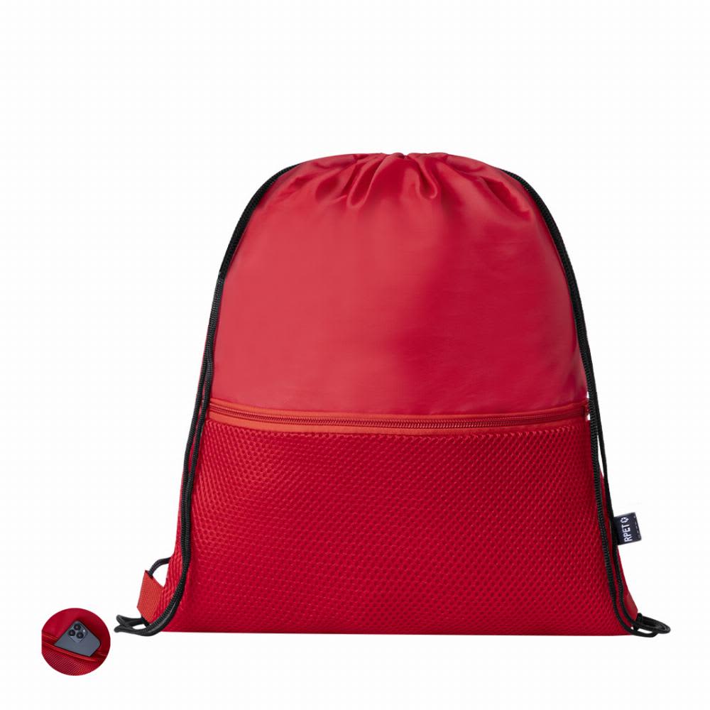 A red drawstring backpack with a mesh front pocket and a logo. The backpack is designed for casual use. Uznam - Image 1