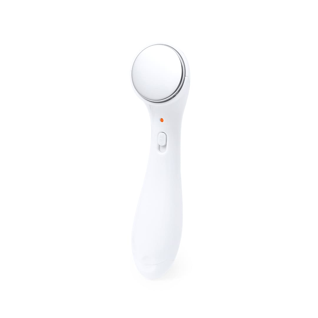 A face massager in white with a round metallic head and a power button. It features a small, integrated logo. Lisey Face Massager - Image 1