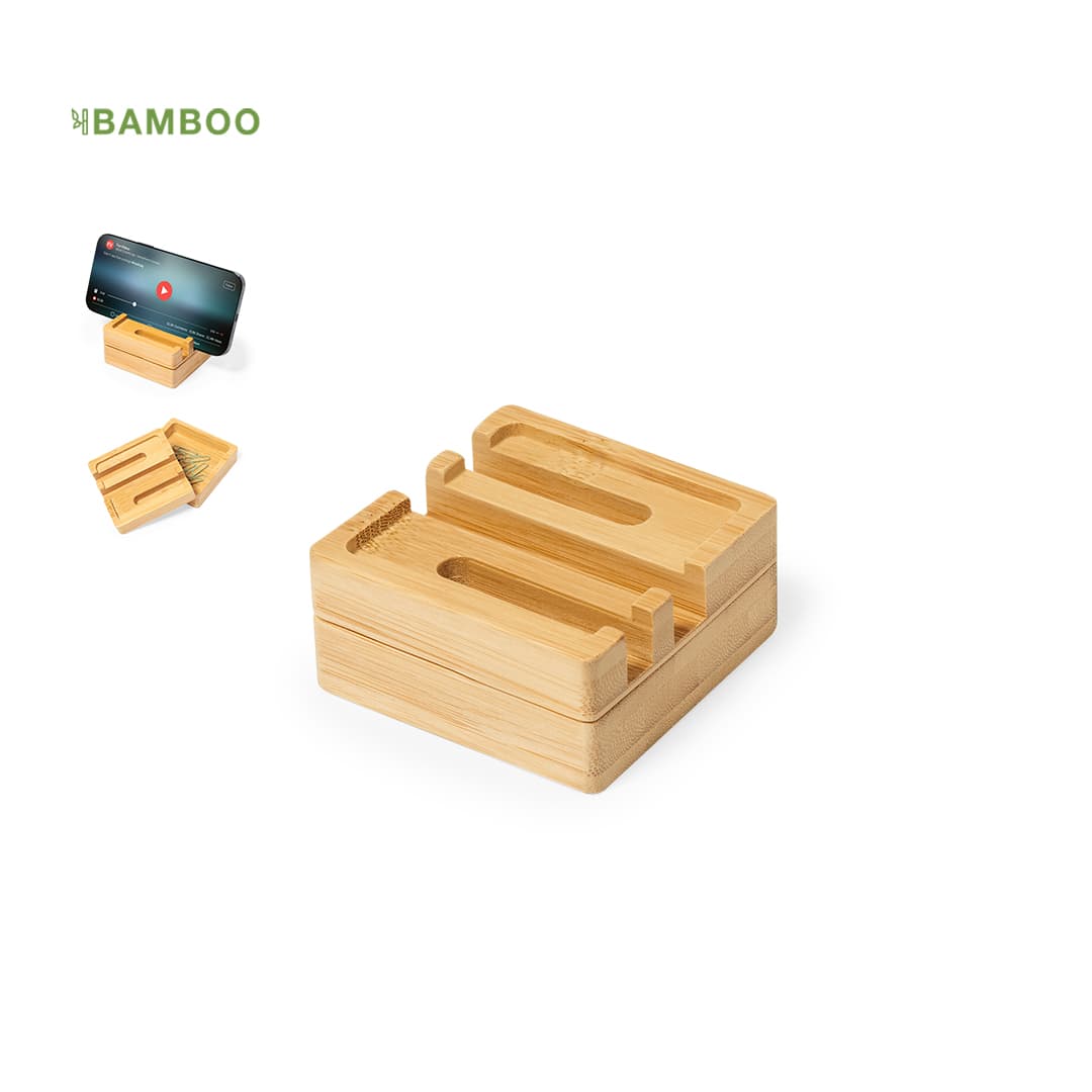 A bamboo phone stand organiser in a square design with grooves for holding devices. Features a minimalist style. Kosinen Organizer - Image 1