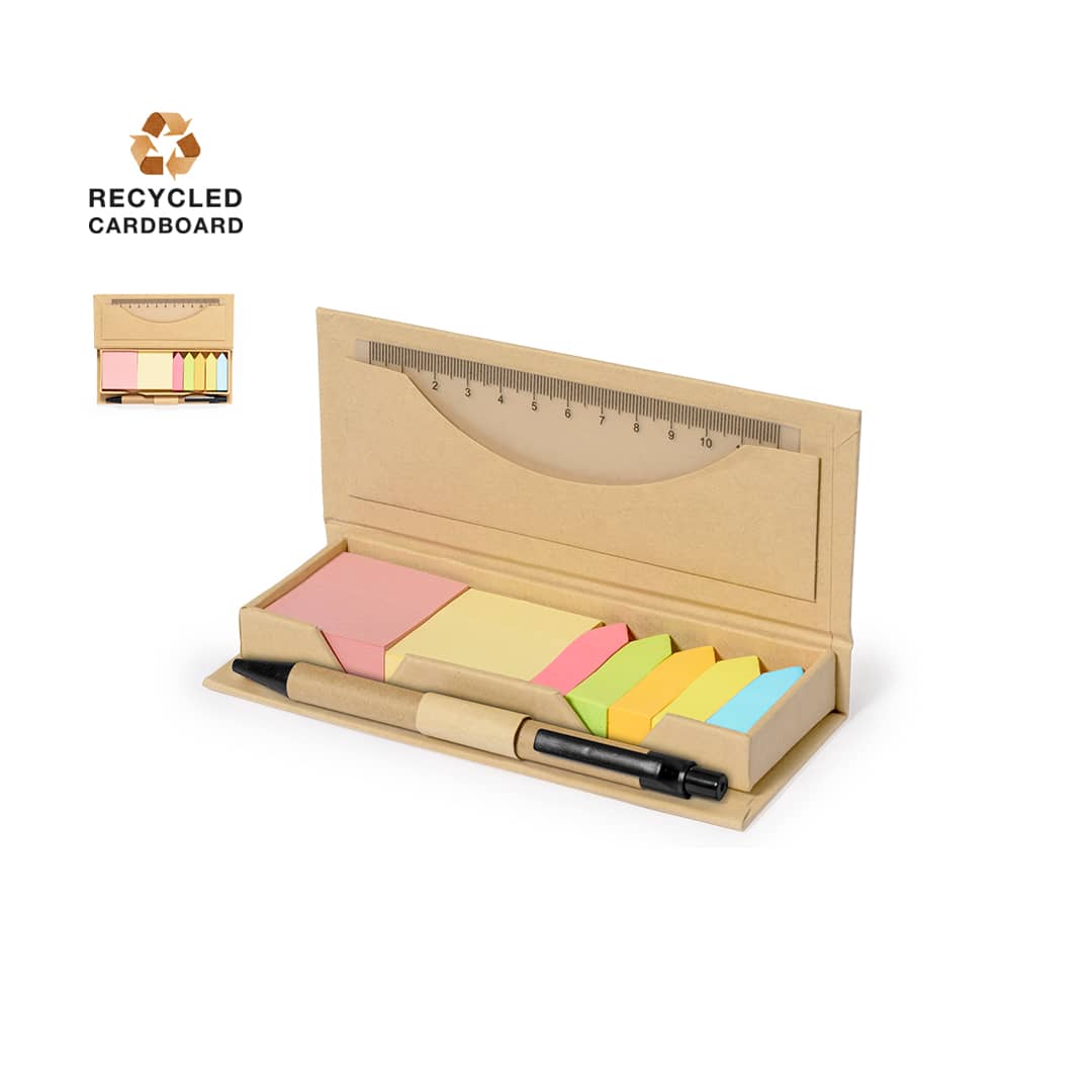 An office set in recycled cardboard featuring coloured sticky notes, a ruler, and a pen. Alisio Office Set - Image 1