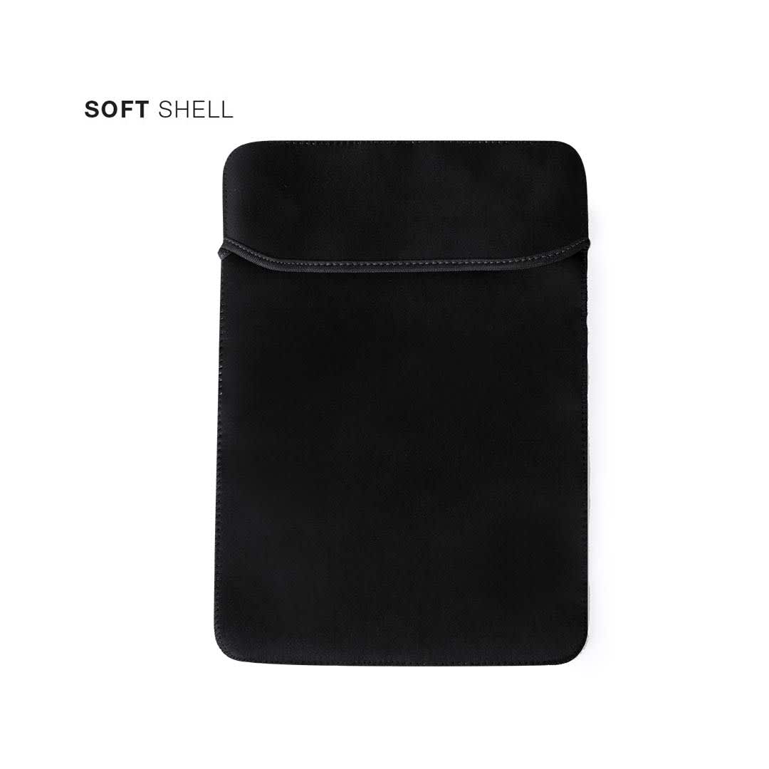 A black laptop pouch with a soft shell design and an elastic closure, featuring a logo on the front. Brunap Laptop Pouch - Image 1