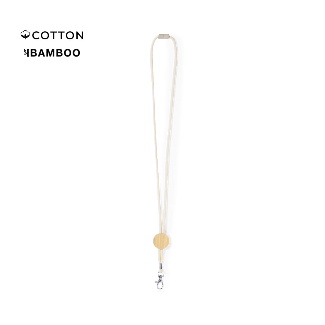 A lanyard featuring a bamboo clip, made from cotton and bamboo, in a natural colour. It includes a branding logo. Gibons Lanyard - Image 1