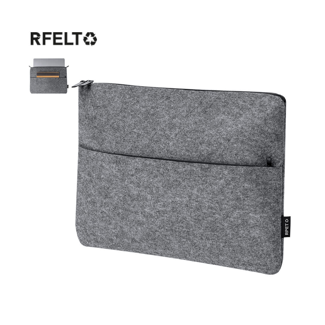 A grey laptop pouch with a zip closure and an external pocket. Features a logo on the side. Ginax Laptop Pouch - Image 1