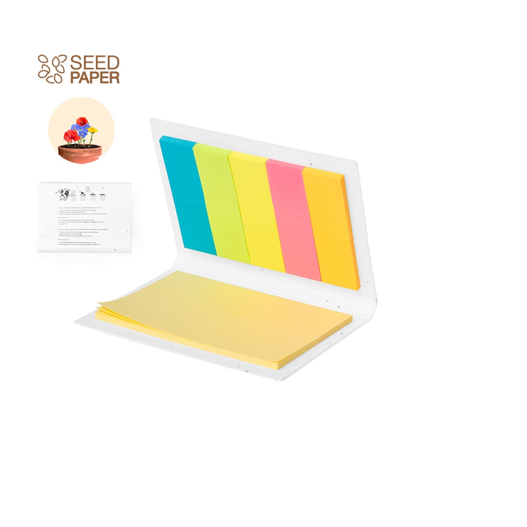 A sticky notepad with yellow, pink, blue, and green tabs, featuring a white cover and a branding logo. Albot Seeds Sticky Notepad - Image 1