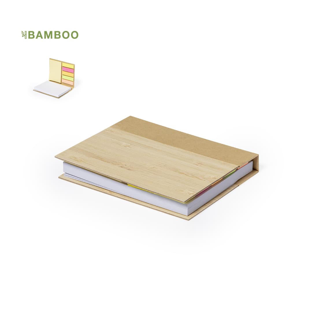 A notepad with a bamboo cover, featuring a stack of sticky notes in various colours on one side. Oresten Sticky Notepad - Image 1