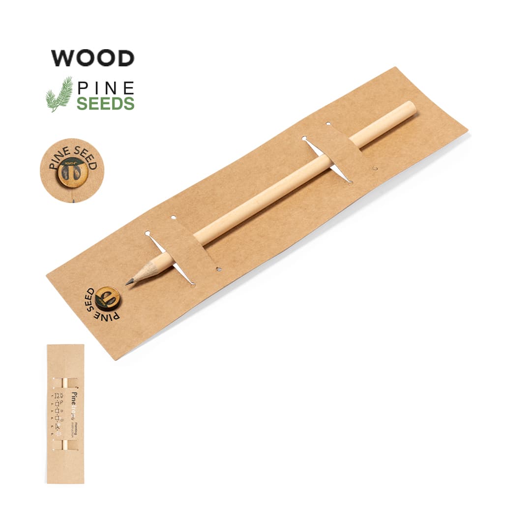 A grey-lead pencil with a natural wood finish, presented on a cardboard holder with a logo. Etesio Seeds Pencil - Image 1