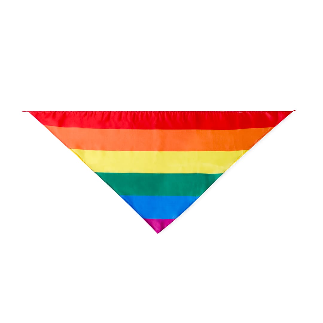 A triangular bandanna in vibrant rainbow colours, featuring a smooth fabric and an elastic band. Faralax Neckerchief - Image 1