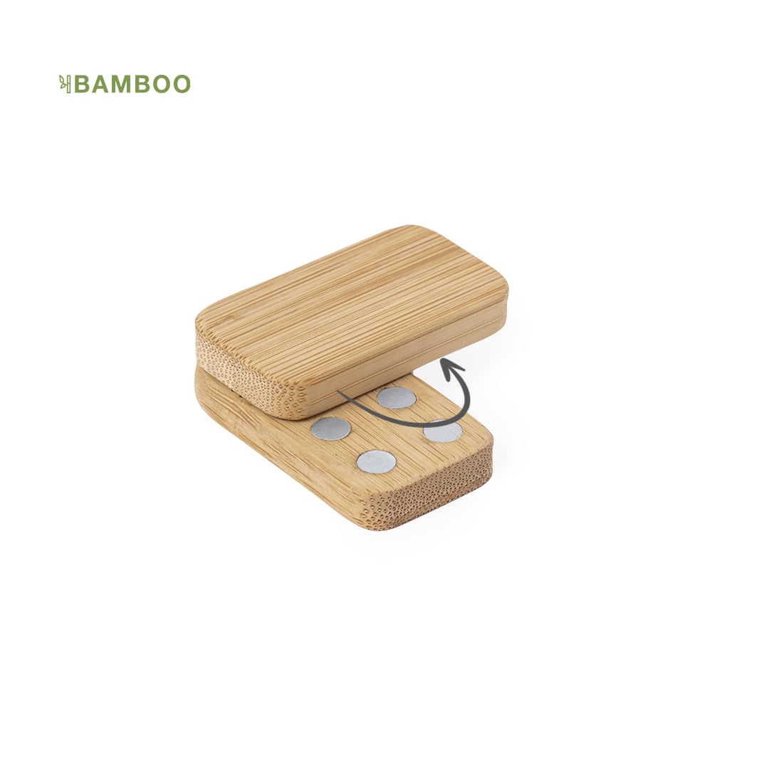 A bamboo stress relief product with a smooth surface and four metal discs arranged in a line. It has a logo. Bover Antistress - Image 1