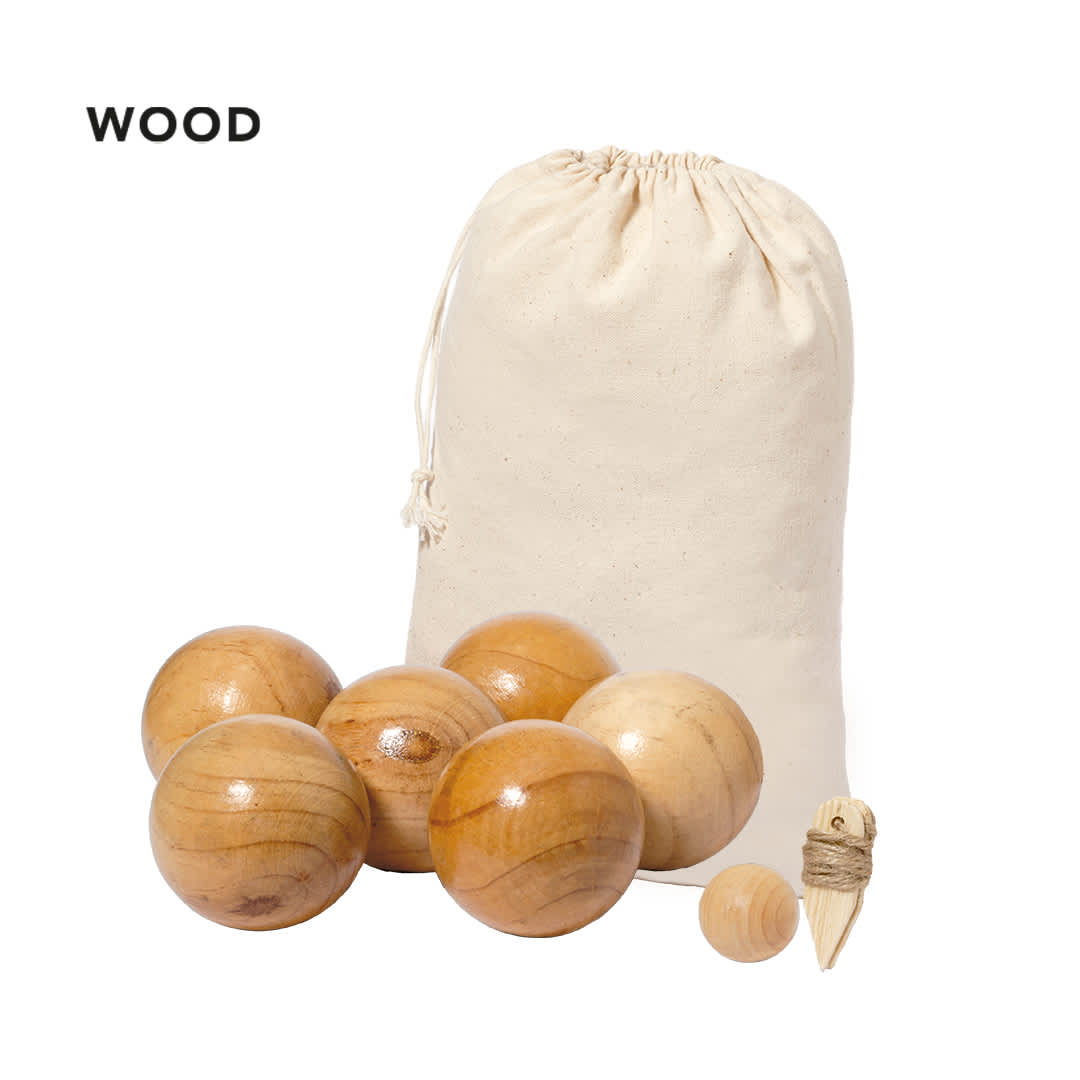 A collection of wooden balls in various sizes with a natural canvas drawstring bag. Delero Game Petanque - Image 1