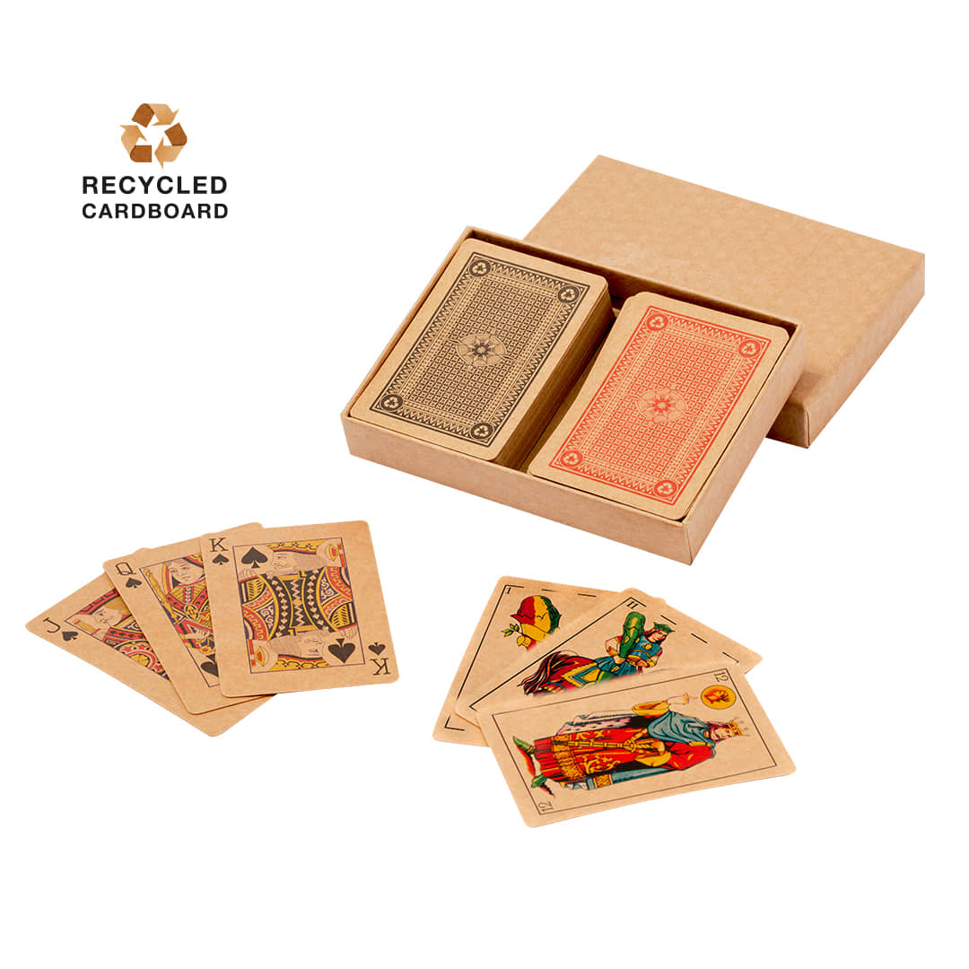 A deck of playing cards in a box made of recycled cardboard, featuring ornate designs and various card suits. Kardain Set Playing Cards - Image 1