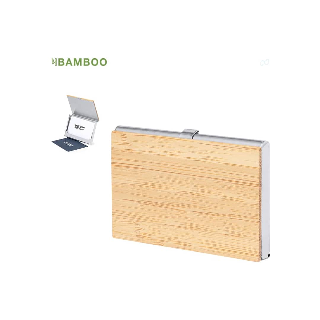 A bamboo business card holder with a silver clasp, featuring a sleek and natural finish. Eltanin Card Holder - Image 1