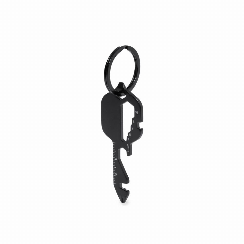 A black keyring tool with multiple functions, featuring measurement markings and a ring for attachment. Makine - Image 1