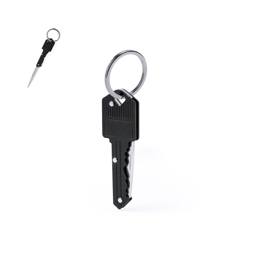 A black pocket knife with a keyring attachment, featuring a sleek design and a silver blade. Koburn Pocket Knife - Image 1