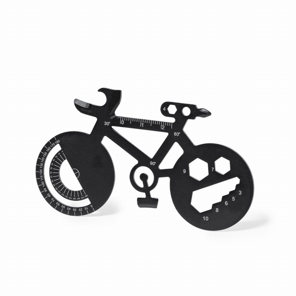 A bicycle-themed multi-tool in black, featuring various measurement and adjustment slots for bike maintenance. Balint - Image 1