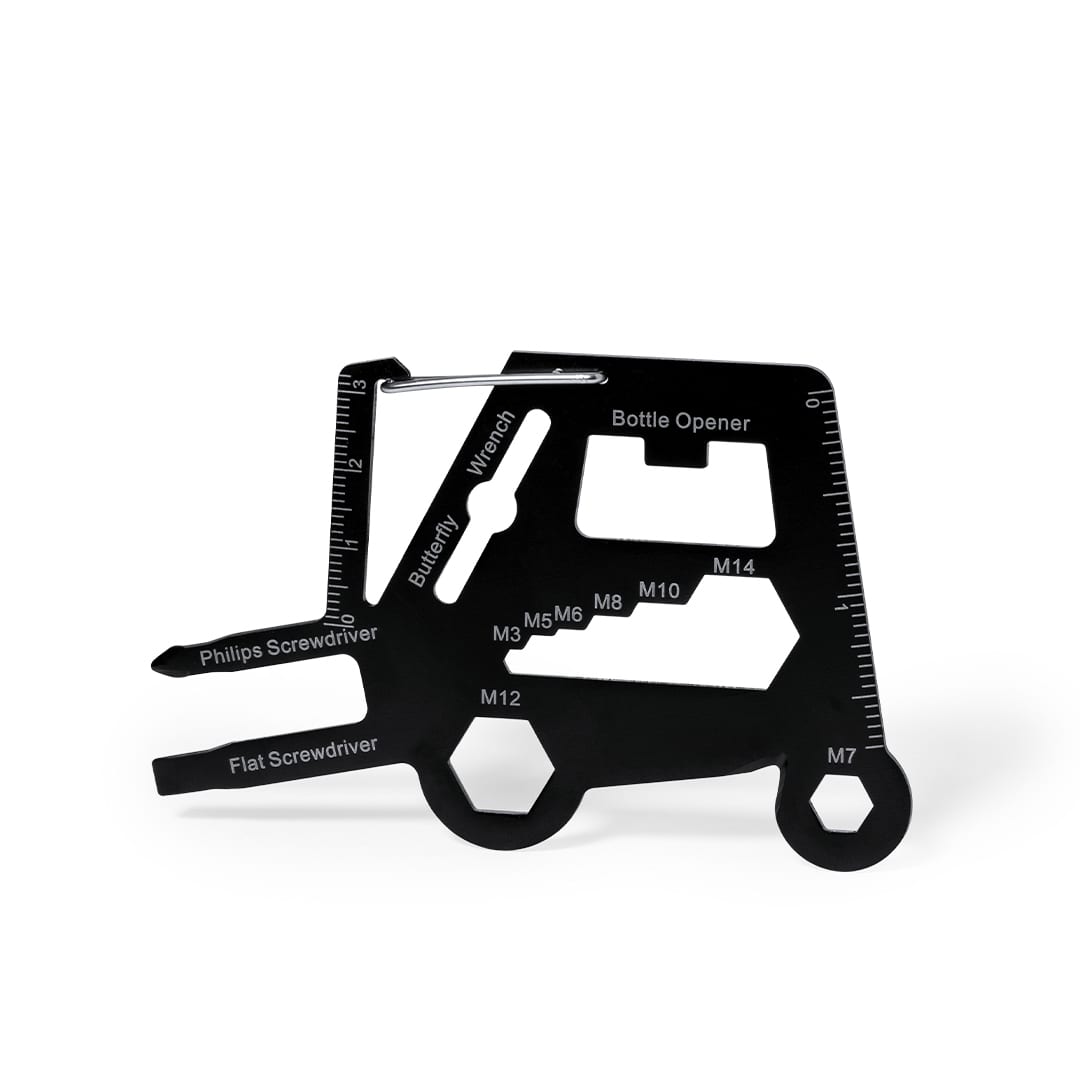 A black multitool featuring various functions like screwdrivers, a bottle opener, and a wrench. It has a branding logo. Telep Multitool - Image 1