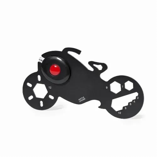 A black multi-tool shaped like a motorcycle, featuring various hex and screw sizes and a red button. Flanery - Image 1
