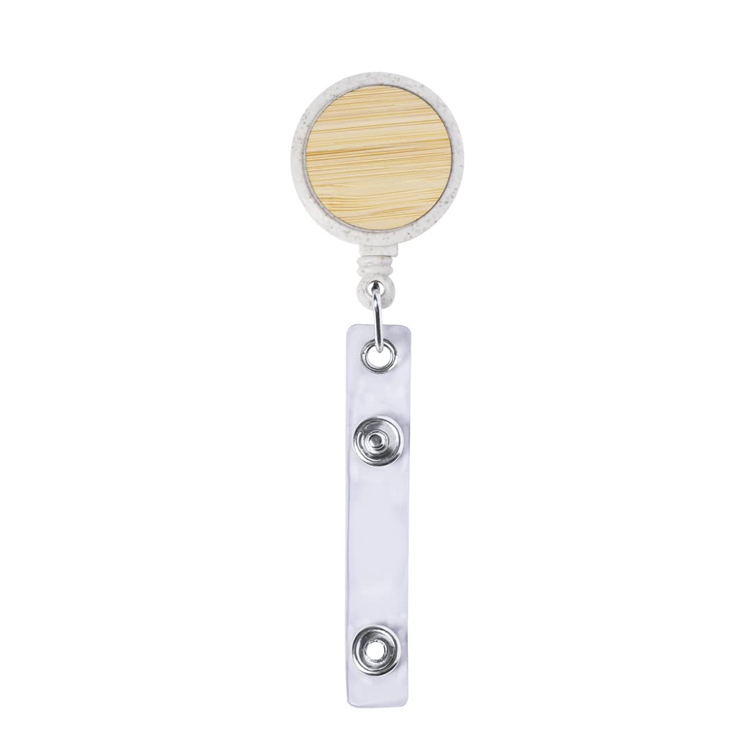 A badge reel featuring a circular wooden top and a silver clip, suitable for holding ID cards. Alikra Id Holder - Image 1