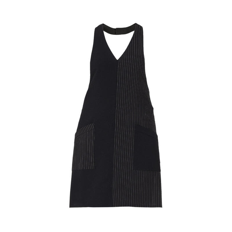 A black apron with a V-neck design, featuring a striped pattern and two front pockets. It has a logo. Senna Apron - Image 1