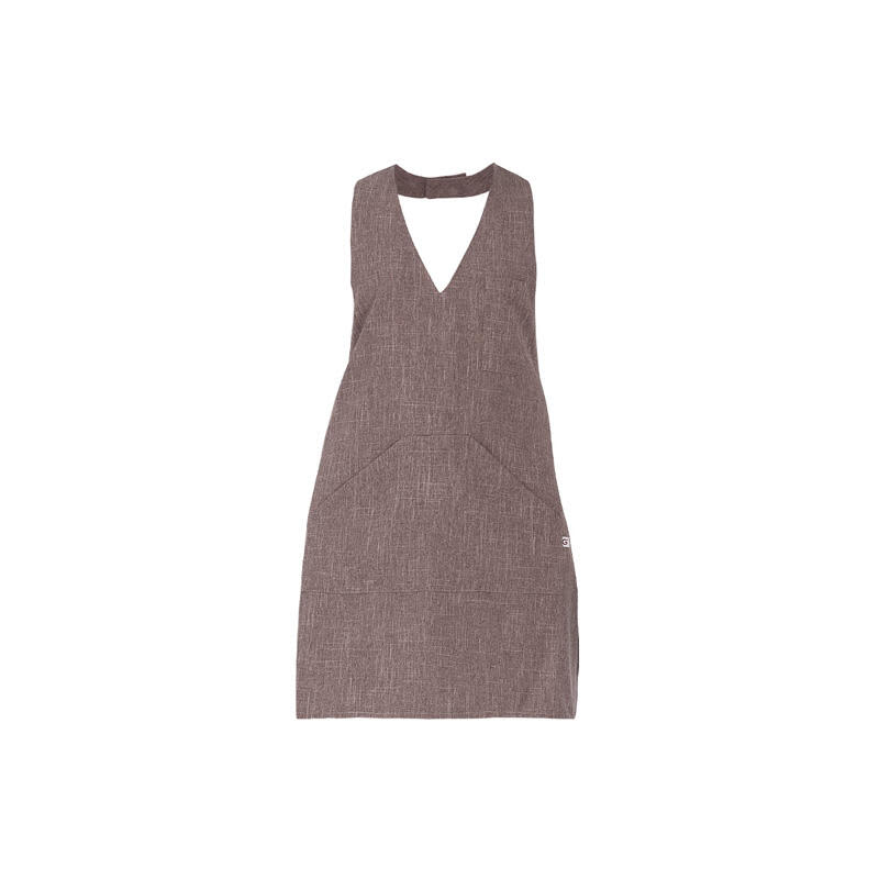 A brown apron with a V-neck design and two front pockets. It features a branding logo. Scotland Apron - Image 1