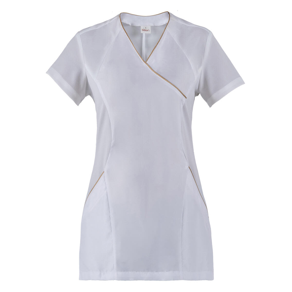 A white tunic top with a crossover design and contrasting trim, featuring short sleeves and side pockets. Afrodite Tunic - Image 1