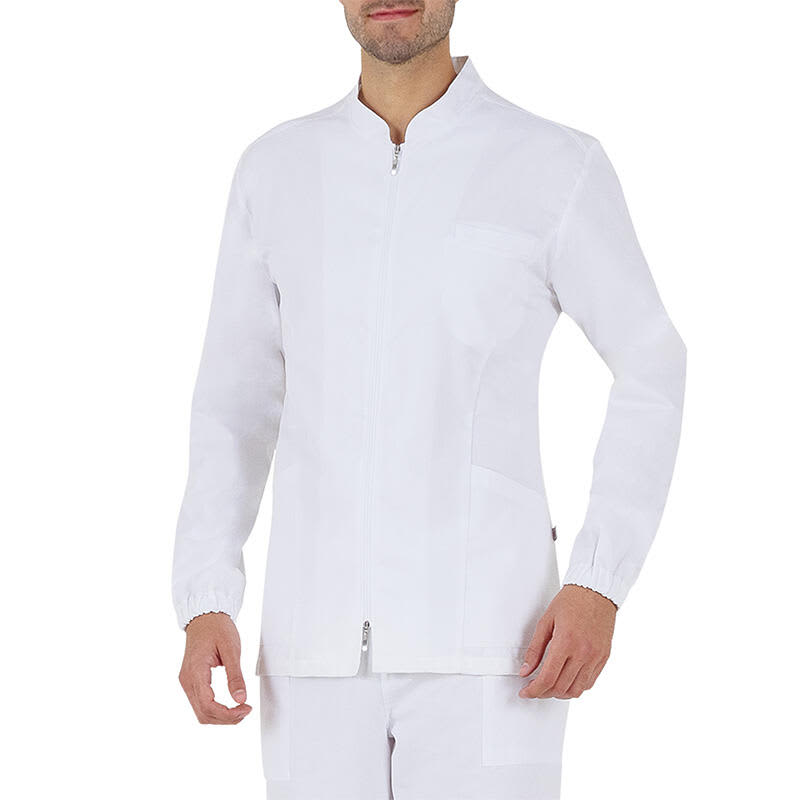A white tunic with a zip front, long sleeves, and elastic cuffs, worn by a person standing upright. Gabriele Tunic - Image 1