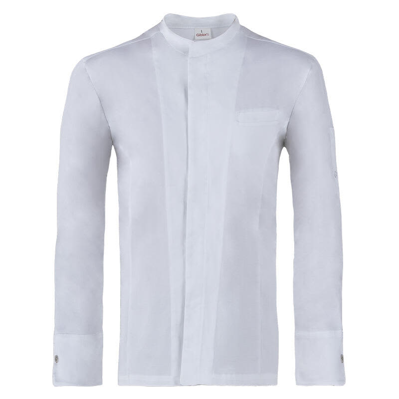 A white long-sleeve jacket with a stand collar and button cuffs, featuring a pocket on the left side. Paul Jacket - Image 1