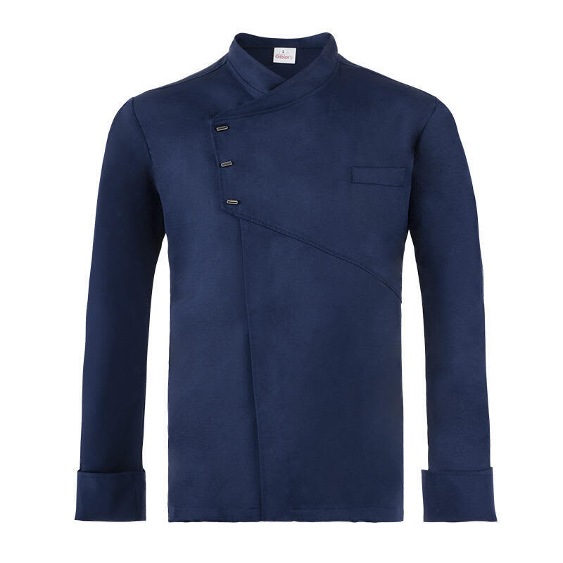 A navy blue chef jacket featuring a unique asymmetrical design and a chest pocket. It has three decorative buttons. Emanuel Jacket - Image 1