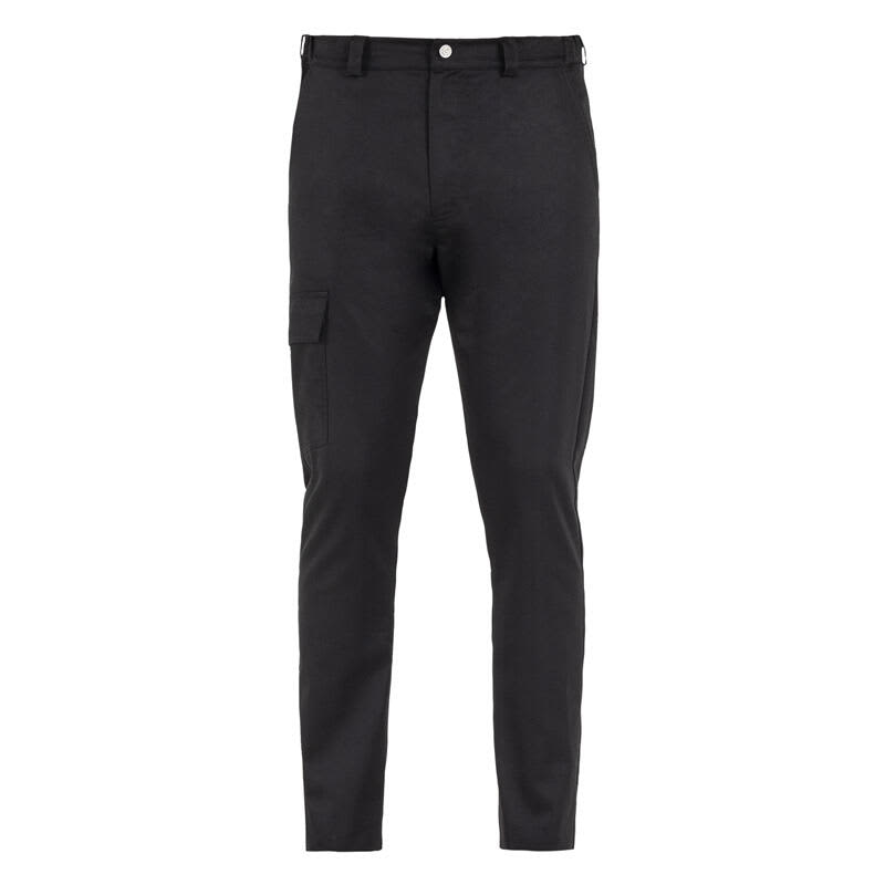 Black pants with a slim fit and a side cargo pocket, featuring a logo on the waistband. Darko Pants - Image 1
