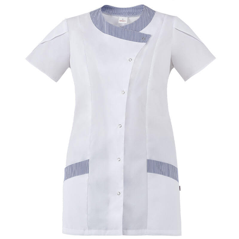 A white tunic with short sleeves, featuring a stripe pattern on the collar and pockets. It has a logo on the side. Giselle Tunic - Image 1