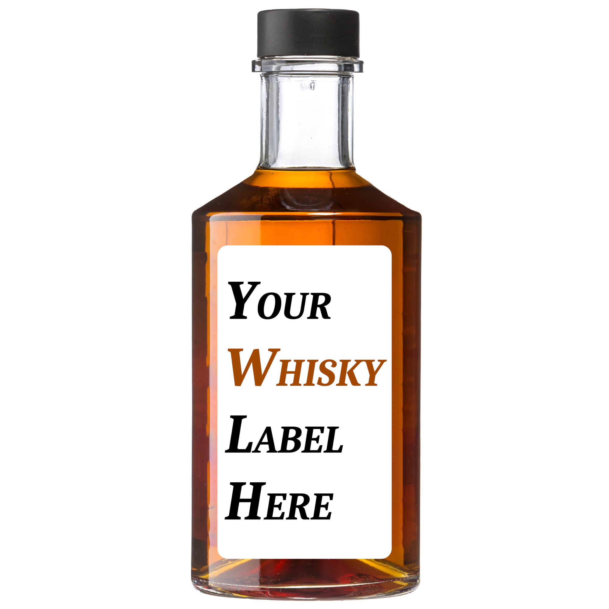 A drink bottle filled with amber whisky, featuring a clear container and a black cap. It has a label for custom text. Corowa Distillery Whisky - Corowa Characters - Image 1