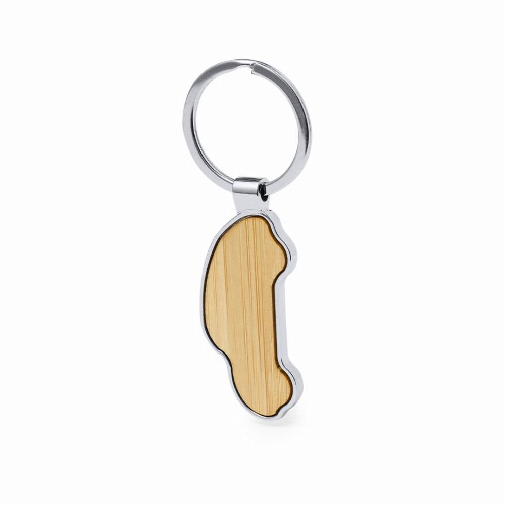 A keyring featuring a wooden key shape with a chrome border and a circular attachment. Fangiox - Image 1