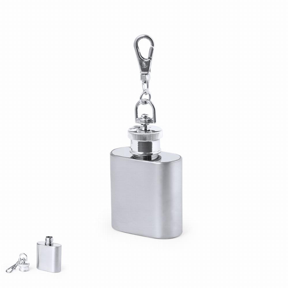 A drink bottle in a silver metal finish with a cap and a keychain clip, accompanied by a small attachment. Deneb - Image 1
