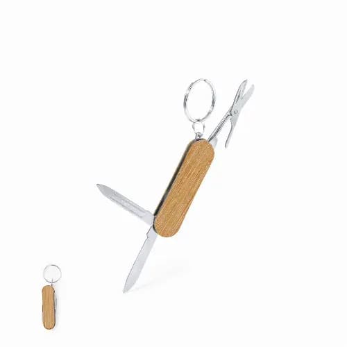 A multi-tool with a wooden handle featuring scissors, a knife, and a keyring attachment. Famke - Image 1