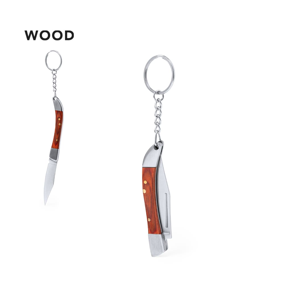 A keyring with a small folding knife featuring a wooden handle and a silver blade. It includes a metal chain attachment. Spiet Pocket Knife Keyring - Image 1