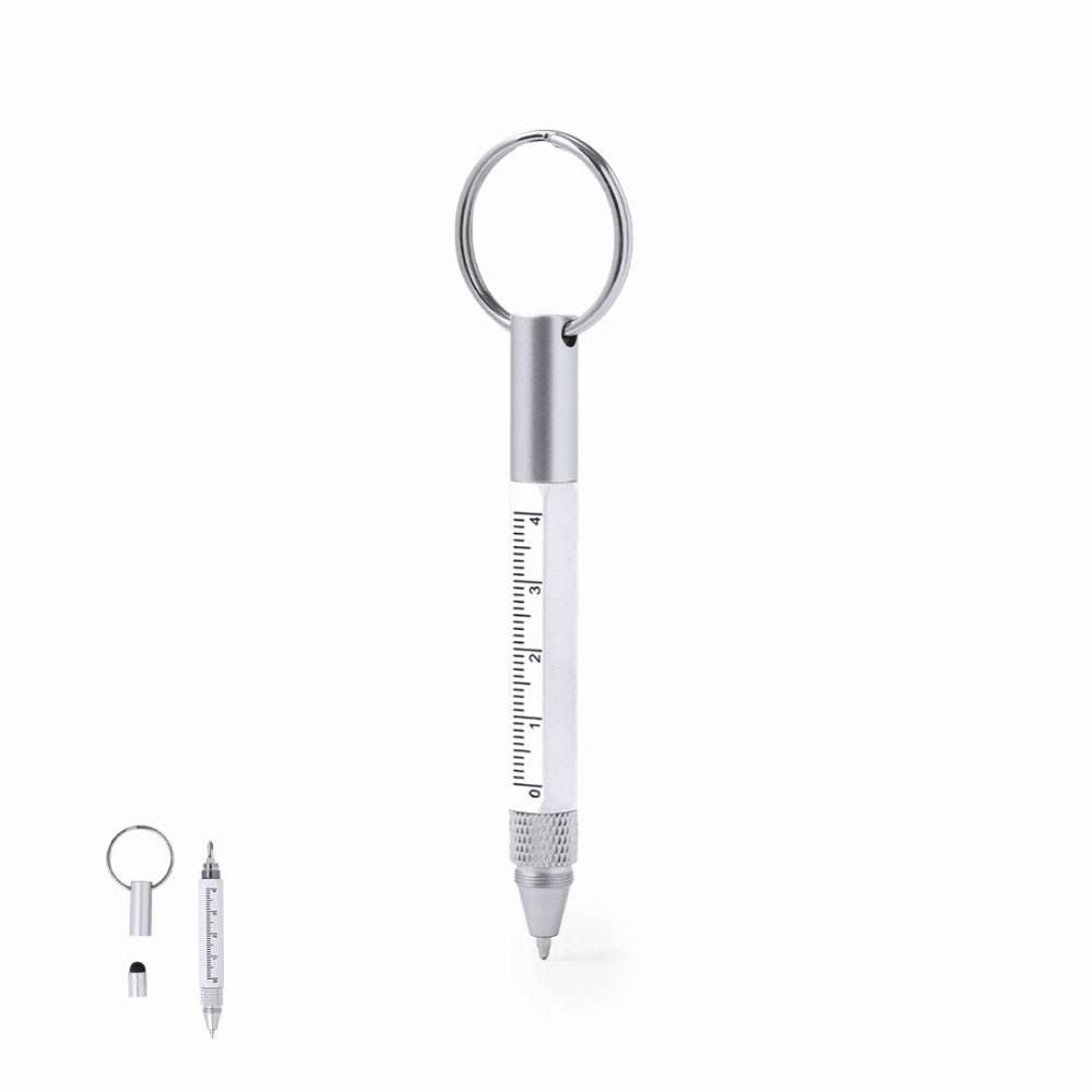 A keychain pen with a white body and silver accents, featuring a measurement scale on the side. Lexi - Image 1