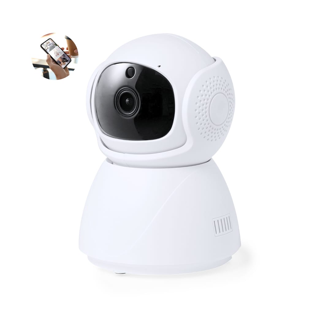 A white smart camera with a spherical head and a base, featuring a camera lens and a logo on the side. Deors Smart Camera - Image 1