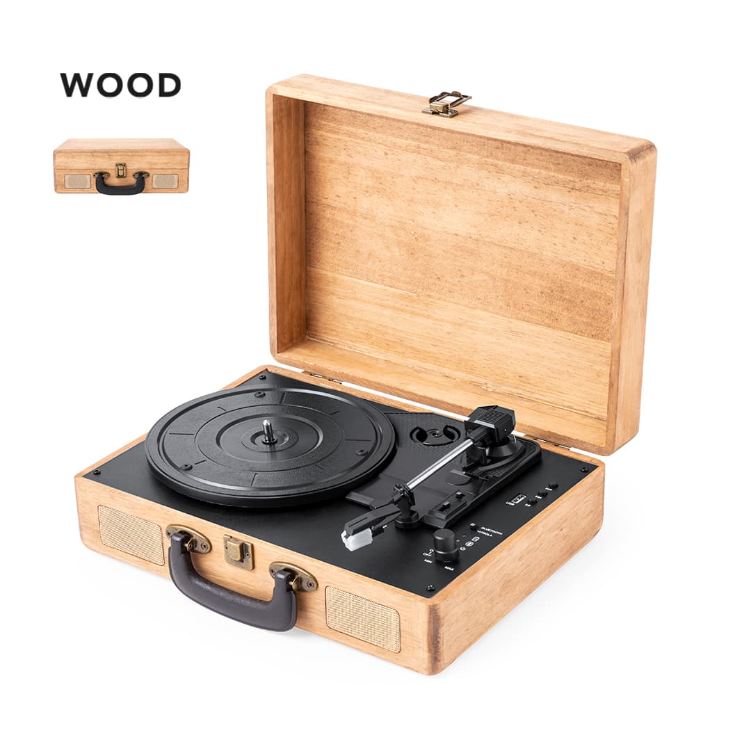 A wooden turntable in a case with a black platter and tonearm, featuring a handle for portability. Vinilux Record Player - Image 1