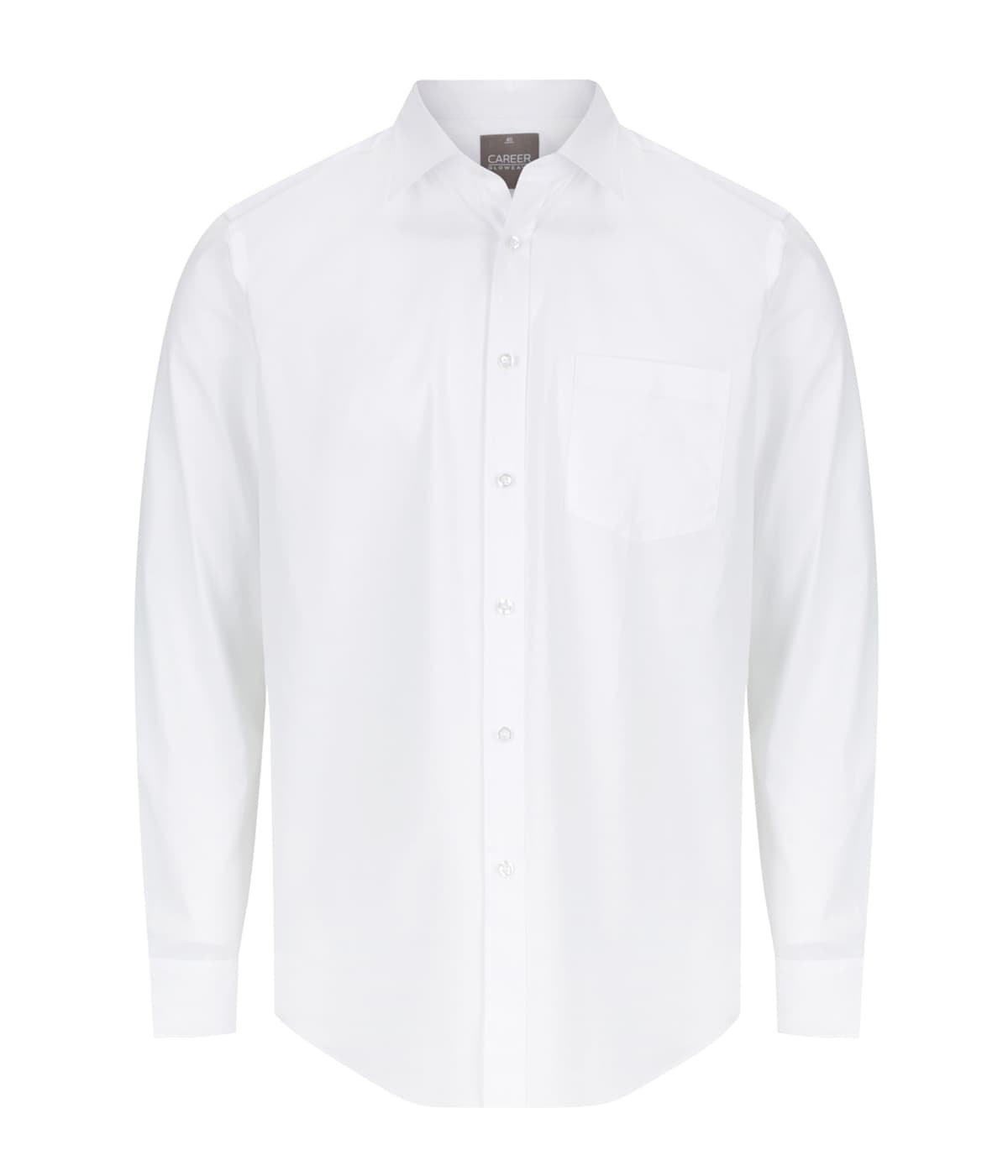 A white button-up shirt with long sleeves and a front pocket, featuring a logo on the collar. Olsen Cotton Stretch Shirt - Image 1