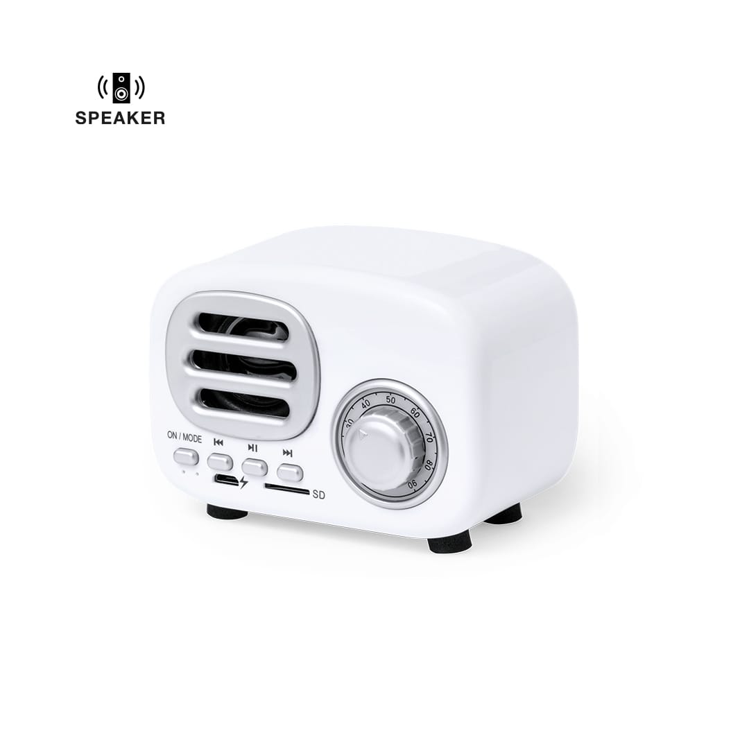 A compact white speaker with a rounded design, featuring control knobs and a speaker grille, along with a logo. Florens Speaker - Image 1