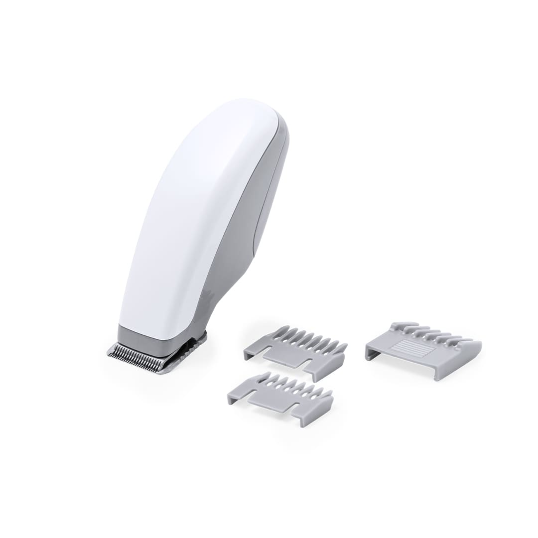 A white hair trimmer with two grey attachments on a plain background. The product features a sleek design. Jamet Hair Trimmer - Image 1