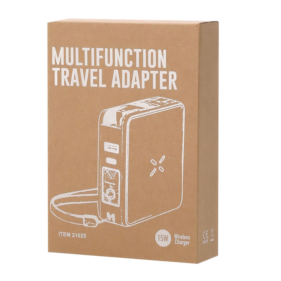 A brown box packaging featuring a multifunction travel adapter design. The box includes a logo and various connectors. Joks Multifunction Travel Adapter - Image 1