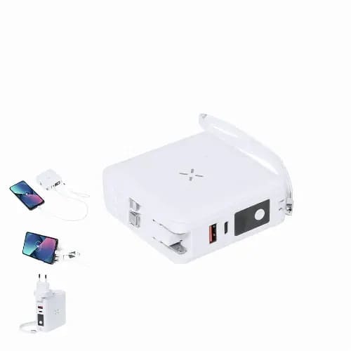 A white portable charger with multiple ports, featuring a handle and connected devices including mobile phones and a power adapter. Joks - Image 1