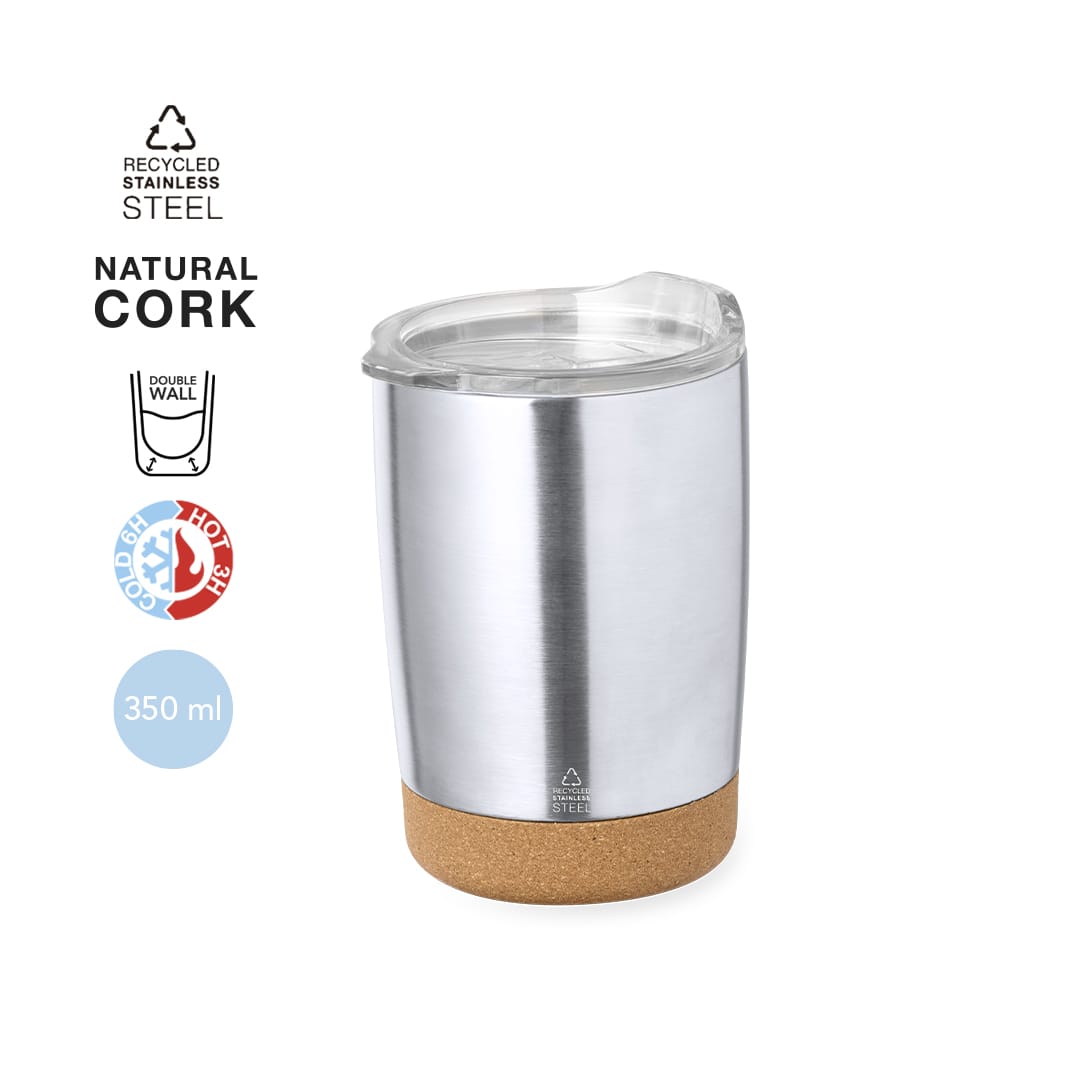 A stainless steel insulated cup with a natural cork base and a clear lid, featuring a branding logo. Sarski Insulated Cup - Image 1