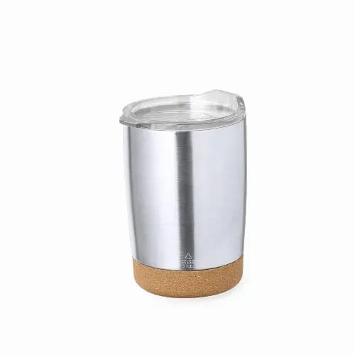 A drink bottle in silver with a cork base and a clear lid, featuring a branding logo. Sarski - Image 1